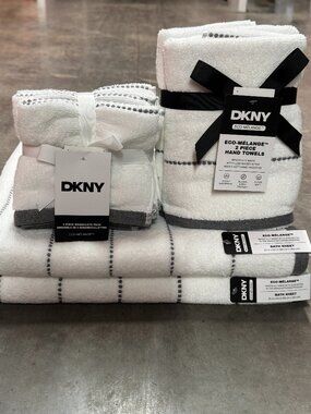 8 Pc DKNY Towel Set White Gray Stripes Striped 2 Hand 2 Bath Towels 4 Washcloths